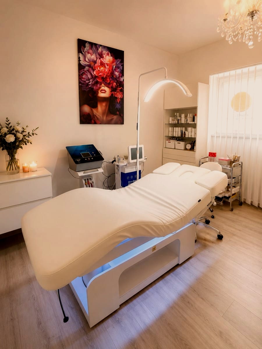 Kosmetikraum mit Behandlungsliege, Lupenlampe und apparativer Technik bei Maru Kosmetik in Karlsruhe-Grötzingen